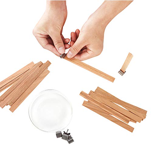 50 Pieces Smokeless Wooden Wicks with Trimmer for Candle Making and 5.1 X 0.2 inch Booster - 5.1 X 0.5 inch Crackling Wood Wick for DIY Candles with 50pcs Metal Clips