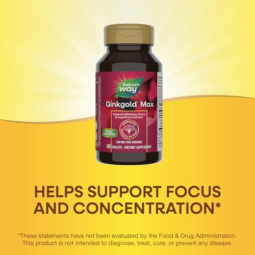 Nature&#39;s Way Ginkgold Max Advanced Ginkgo Extract, Supports Memory, Focus, and Concentration, and Cognitive Function*, Gluten free, Vegan, 60 Vegan Tablets (Packaging May Vary)