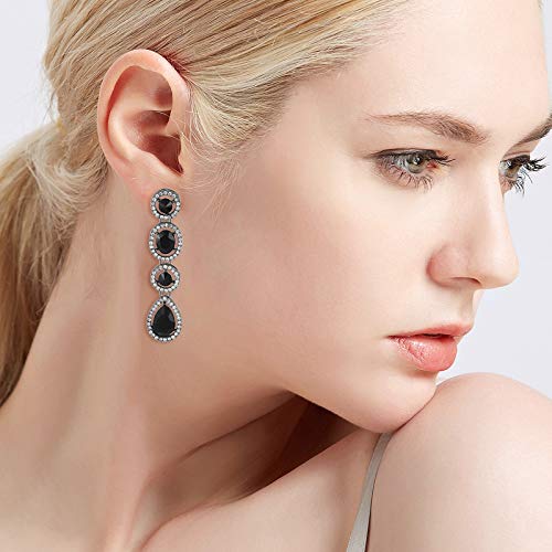 Women's Austrian Crystal Art Deco Teardrop Party Long Dangle Earrings Black-tone Black