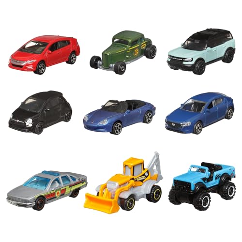 Cars, 9-Pack Die-Cast 1:64 Scale Toy Cars, Construction or Garbage Trucks, Rescue Vehicles or Planes (Styles May Vary).