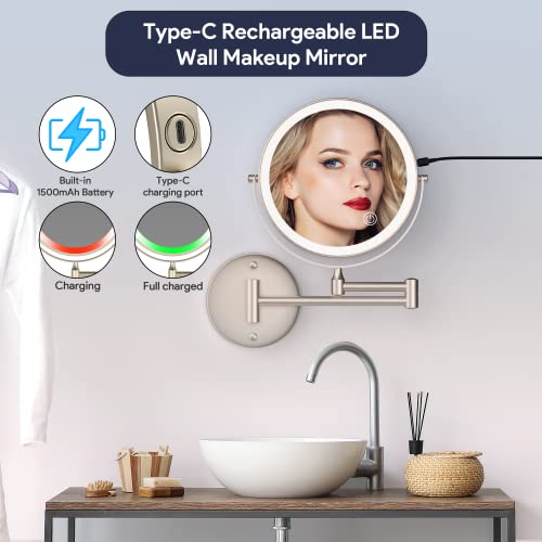Rechargeable Wall Mounted Lighted Makeup Mirror, 8 Inch Double-Sided LED Vanity Mirror 1X/10X Magnification,3 Color Lights Touch Screen Dimmable 360°Swivel 13 Inch Extendable (Nickel, 10X)