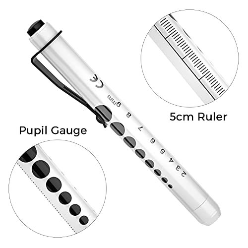 Pen Lights for Nurses, 2 Pack Reusable Medical Light with Pupil Gauge and Ruler, White Light LED Penlight for Student Doctors EMT (Black/White)