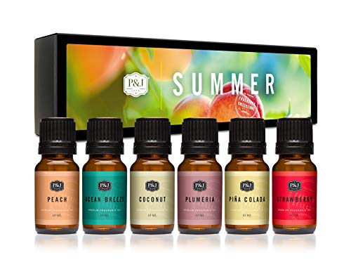 P&amp;J Trading Summer Set of 6 Fragrance Oils - Peach, Strawberry, Plumeria, Coconut, Ocean Breeze, Pina Colada Candle Scents, Soapmaking, Diffuser Oil