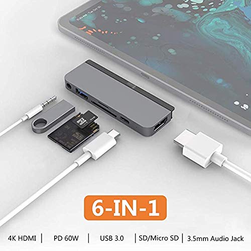 Drive 6-in-1 USB C Hub HDMI 4K 60Hz - PD 60W, Audio Jack, SD/MicroSD, USB-A Compatible w/iPad Pro Air 2020 2019 2018, M1 iPad Pro 2021, Space Gray