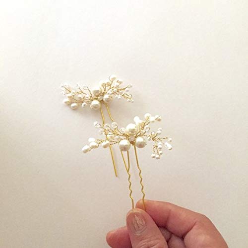 Bride Wedding Pearl Hair Pins Girls Bridal Hair Accessories Hair Piece for Women and Girls 2PCS (Gold)