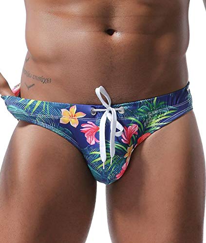 Mens Bikini Swimsuit Sexy Low Rise Flowers Print Quick Dry Swim Briefs Swimwear (Leaves, M)