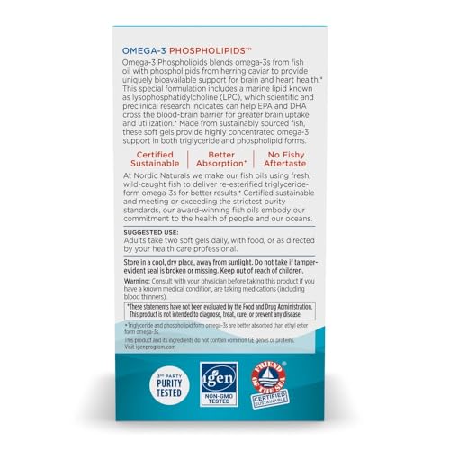 Omega-3 Phospholipids, Unflavored - 60 Soft Gels - 500 mg Omega-3 &amp; 350 mg Phospholipids - Heart &amp; Brain Health - Small, Easy-to-Swallow Soft Gels - Non-GMO - 30 Servings