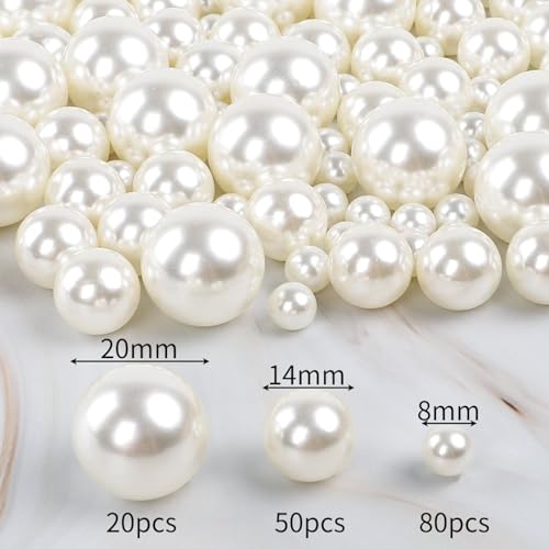 Quefe 150pcs Pearls for Crafts No Holes, Vase Filler Artificial Plastic Pearl Beads for Table Scatter, Wedding, Birthday Party, Home Decoration(8mm, 14mm, 20mm)