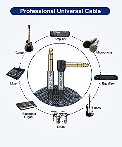 1/4 Inch TRS Instrument Cable (10ft 2Pack), Right Angle 6.35mm Male Jack Stereo Audio Interconnect Cord,Compatible for Bass,Keyboard,Mixer,Amplifier,Amp,Electric Guitar,Speaker