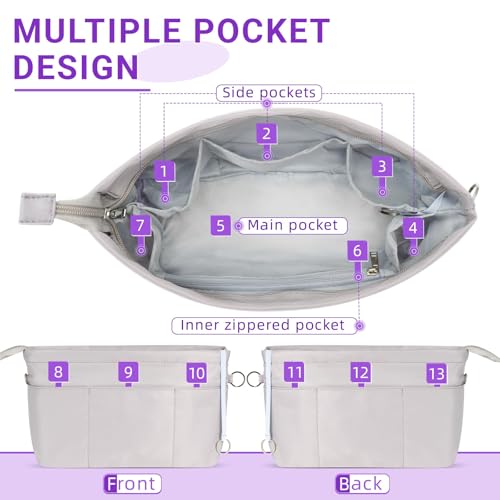 Purse Organizer Insert with Zipped Top for Tote Bag, Handbag Shaper with 13 Pockets, Grey M