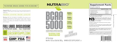 BCAA 5000 Powder - Fermented Branched Chain Amino Acids for Muscle Growth &amp; Recovery - Natural Flavors, Sweeteners, and Coloring, Vegan, Gluten Free - Unflavored, 60 Servings