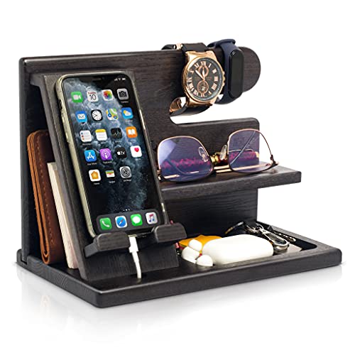 Wood Phone Docking Station - Nightstand Organizer - Desk Organizer for Husband - Birthday Gifts for Men or Dad - Idea for Anniversary from Wife - Key Holder - Stand for Wallet & Watch (Black)