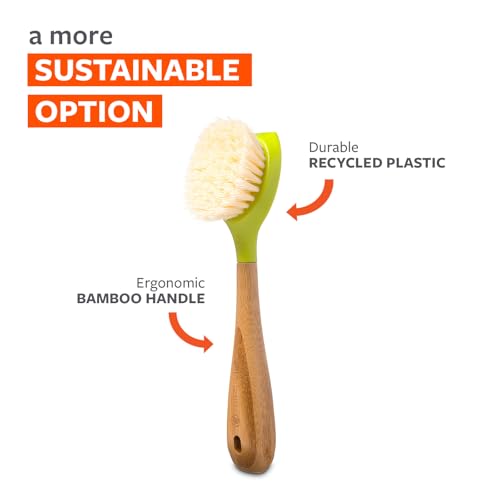 Be Good Bamboo Handle Dish Brush – Sustainable Kitchen Cleaning with Tough Bristles - Natural Dish Scrubber & Cast Iron Cleaner - Long Handle Brush for Dishes, Pots, and Pans, Green