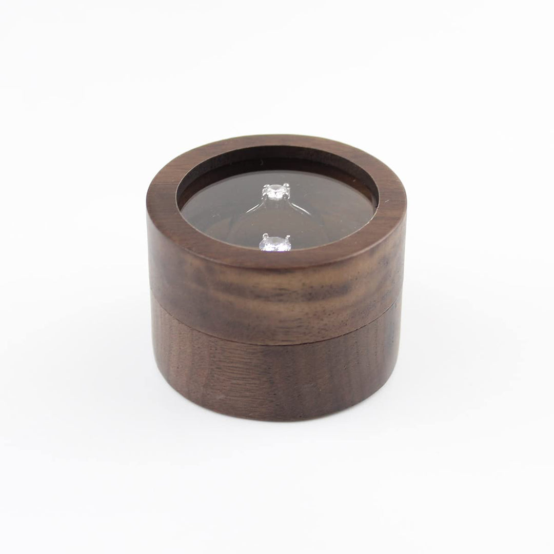 Round Wooden Jewelry Ring Box Transparent Lid Couple Rings Box for Engagement Wedding Box Two Slots Brown Velvet
