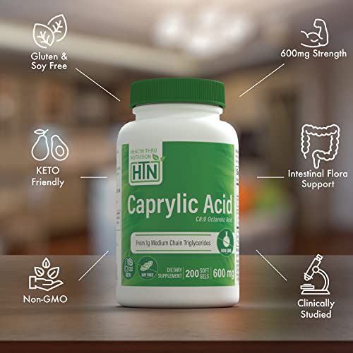 Caprylic Acid 600mg 200 Softgels | C8 Octanoic Acid from Pure 1g MCT Oil | Non-GMO &amp; Soy Free | Support Healthy Digestive and Intestinal Health | Keto Friendly