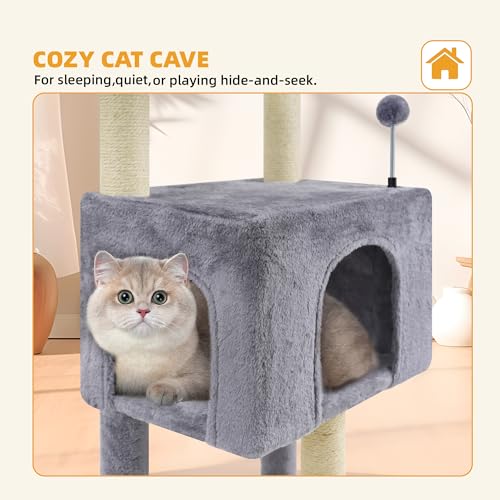 ROYPET Multi-Level Cat Tree for Indoor Cats, Cat Tree Tower with Big Condo, Cat Tower with Cat Hammock, Indoor Climbing Activity Tower with Scratching Posts, Small Space, Grey
