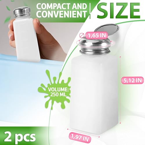 2Pcs Push Down Pump Dispenser Bottle - 250ml Nail Polish Remover Pump Bottle Dispenser Acetone Nail Polish Remover Dispenser Push Down with Lids - Eye Makeup Remover Liquid Dispenser Bottle