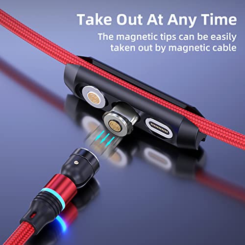 Magnetic 3-in-1 Data/Charging Cable (4-Pack), 540 Degree Rotation with Storage Compartment. Compatible with Type-C, iProducts, Micro-USB, 4 Pack (Red, Purple, Black &amp; Green (All 6 Feet).