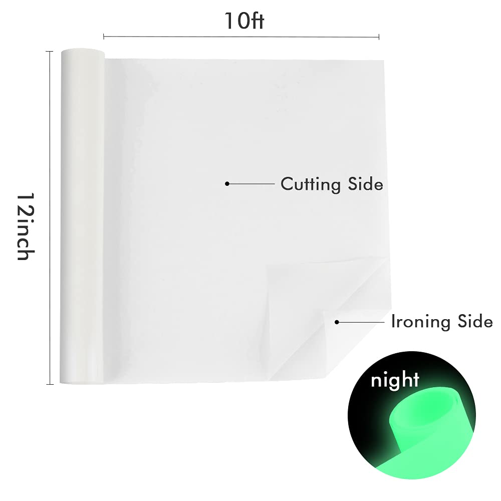 Heat Transfer Vinyl Roll 12in.x 10ft, White to Green Glow in The Dark HTV Vinyl for DIY T Shirts, Iron on Vinyl for Cricut Heat Press Machine, White-Green