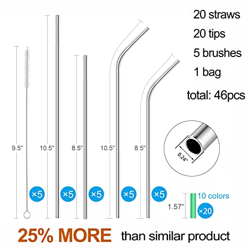 20 Pack Reusable Stainless Steel Metal Straws,10.5 &amp; 8.5 Reusable Drinking Straws with 20 Silicone Tips 5 Straw Brushes 1 Travel Case,Eco Friendly Extra Long Metal Straw Fit for 20 24 30 oz Tumbler