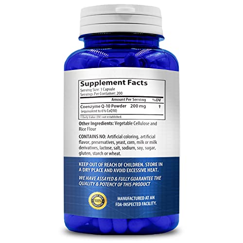 CoQ10 200mg Capsules | Vegan Friendly Coenzyme Q10 200mg from Easy Absorption Ubiquinone Supplement for Skin Heart and Energy Support | Made in The USA in cGMP Facilities (200 Servings)