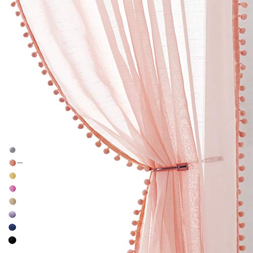 Treatmentex Blush Pink Pompom Sheer Curtains for Bedroo