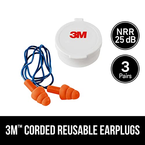 3M Corded Reusable Earplugs, 3 Pack, Noise Reduction Rating (NRR) 25 dB, Easy To Use & Insert, Pliable & Tri-Flange Design Enhances Comfort & Fit, Orange Ear Plugs (90716H3-DC)