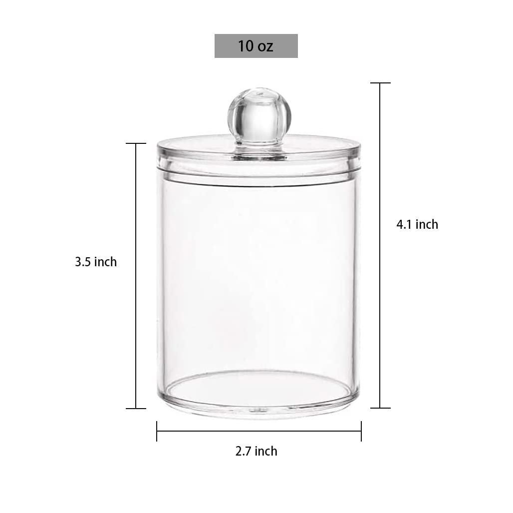 2 Pack Qtip Holder Storage Canister for Cotton Ball, Cotton Swab, Pads, Floss; 10-Ounce Clear Plastic Apothecary Jar with Lid, Bathroom Makeup Organizer (2)