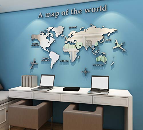3D Wall Stickers - DIY World Map Wall Decal Sticker Murals Map Wall Décor for Living Room Bedroom TV Background Home Decorations(Silver,M: 120x60 cm)