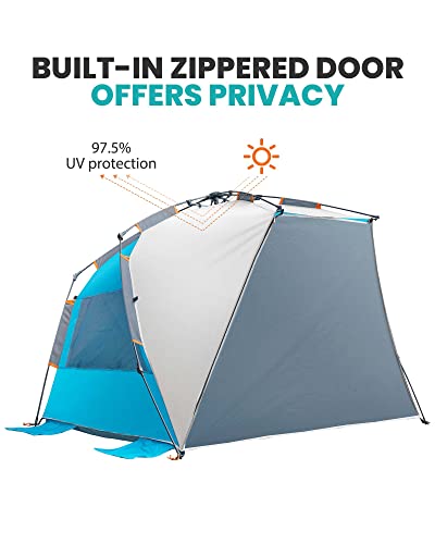 Pop Up Beach Tent for 4 Person - Easy Setup and Portable Beach Shade Sun Shelter Canopy with UPF 50+ UV Protection Removable Skylight Family Size - Ocracoke Coast