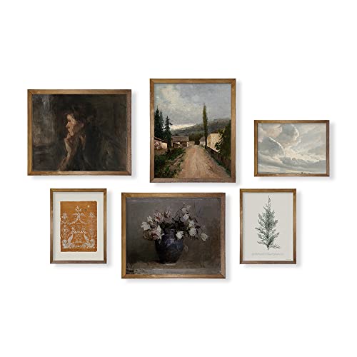 Vintage Farmhouse Wall Decor - Flower Portrait Neutral Wall Art for Boho French Country Kitchen, Bathroom, Bedroom Picture Poster Print, Brown Room Decor Aesthetic Botanical Cottagecore 6 Set Unframed