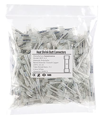 500PCS White Heat Shrink Butt Connectors AWG26-24, Marine Grade Heat Shrink Wire Connectors,Tinned Red Copper,Waterproof Insulated Crimp Butt Splice Electrical Connectors