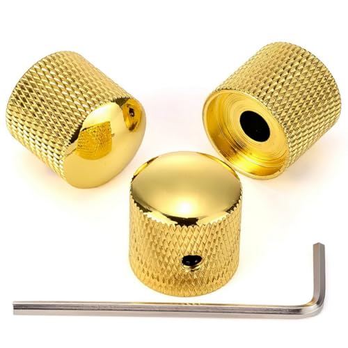 3PCS Metal Volume Tone Dome Guitar Speed Control Knurled Shaft Pots Knobs with Keys Screws Set for Electric Guitar or Bass (Gold)