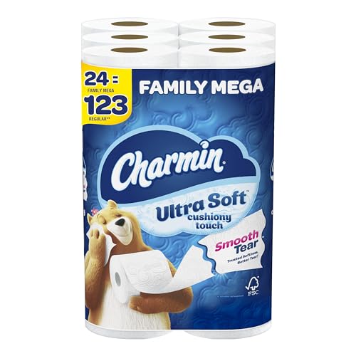 Ultra Soft Cushiony Touch Toilet Paper, 24 Family Mega Rolls = 123 Regular Rolls