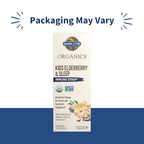 Organics Elderberry Immune Support for Kids with Zinc, Vitamin C - Kids Elderberry &amp; Sleep Immune Syrup Liquid, Bedtime Herbs for Children, No Alcohol, No Added Sugar, 3.92 fl oz