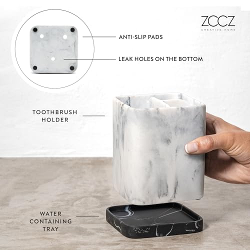 zccz Toothbrush Holder, Countertop Marble Look Electric Toothbrush Toothpaste Makeup Brush Razor Holder Stand Bathroom Organizer with Detachable Tray