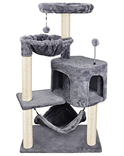 Cat Tree with Cat Condo and Big Hammock, Grey