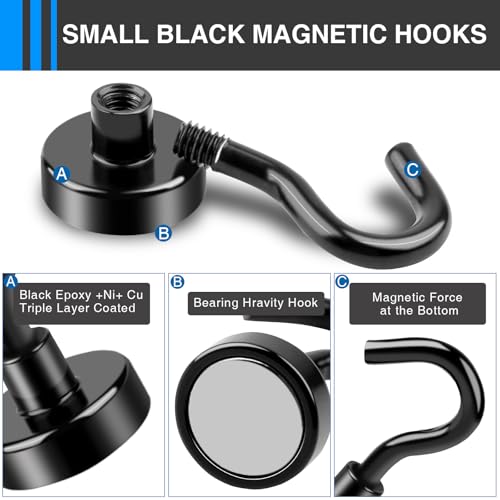 Black Magnetic Hooks, 28Lbs Strong Magnetic Hooks Heavy Duty with Epoxy Coating for Refrigerator, Magnetic Cruise Hooks for Hanging, Classroom, Office, and Kitchen - Pack of 12