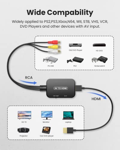 RCA to HDMI Converter, AV to HDMI Adapter,RCA to HDMI Composite Audio Video Converter for PS1, PS2, PS3, STB, Xbox, VHS, VCR,Black-Ray DVD Players(HDMI Cable Included)