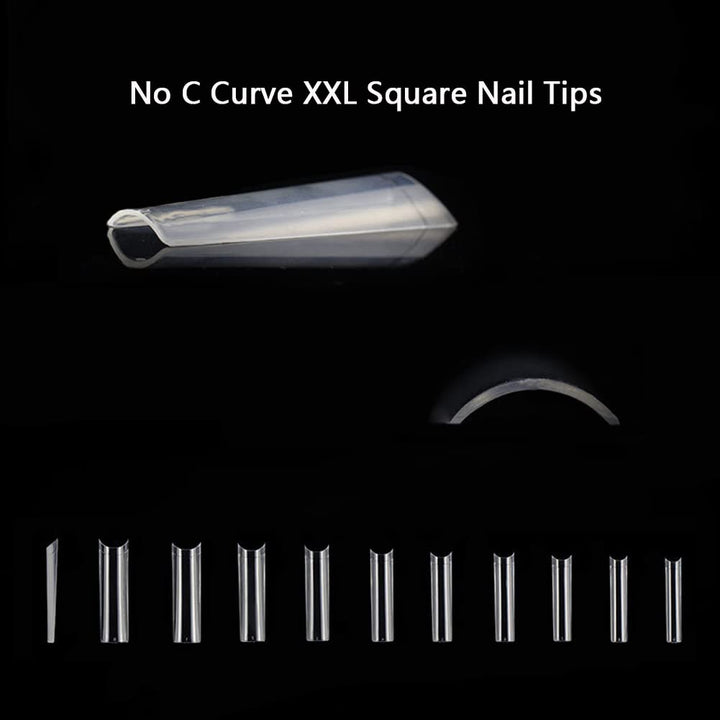 Clear Acrylic Nail Tips - No C Curve XXL Square Nail Tips 500pcs Extra Long Half Cover False Nails for Nail Salons, DIY Nail Art 10 Sizes with Box (Clear)