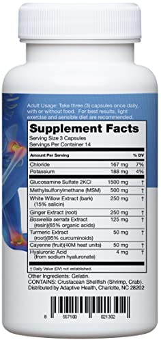Joint Support Supplement - Clinically Studied Joint Relief Blend of Glucosamine, MSM, White Willow, Turmeric, Ginger, Cayenne, Hyaluronic Acid - 42 Capsules