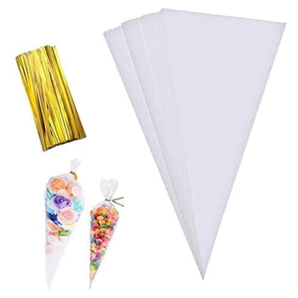 MAOUYWIEE 100 Pieces Popcorn Bags for Party Cone Shape Bags Transparent Cello Bags Sweet Clear Treat Bags with 100 Pieces Twist Ties, 9.8 x 5.1 Inch (Gold Twist Ties)