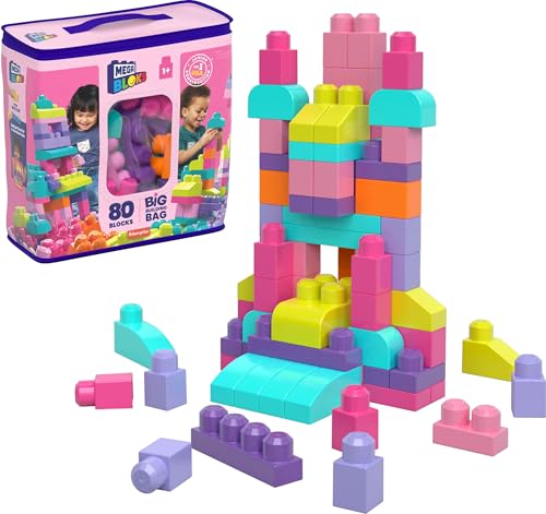 BLOKS First Builders Toddler Blocks Toys Set, Big Building Bag with 80 Pieces and Storage, Pink, Ages 1+ Years