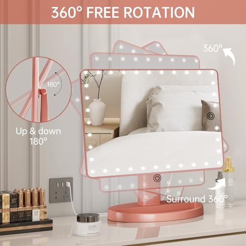 Large Lighted Vanity Makeup Mirror (X-Large Model), Light Up Mirror with 35 LED Lights, Touch Screen and 10X Magnification Mirror, 360° Rotation Tabletop Cosmetic Mirror(Rose Gold)