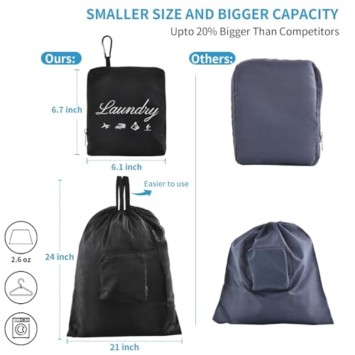 2 Pcs Travel Laundry Bag, Dirty Clothes Bag Upgraded with Handles and Aluminum Carabiner, Collapsible Laundry Bag for Travel, Camp, Fitness, and Students(Black) 24L x 21W