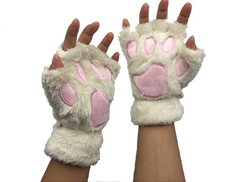 Cat Claw Bear Paw Fingerless Winter Plush Gloves 1Pair (White)