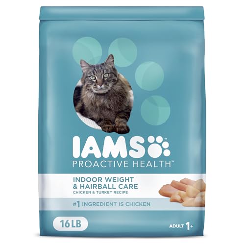 IAMS PROACTIVE HEALTH Adult Indoor Weight Control & Hairball Care Dry Cat Food with Chicken & Turkey Cat Kibble, 16 lb. Bag
