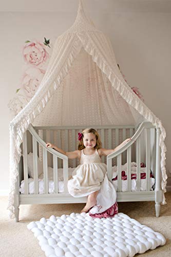 Elegant Kids Bed Canopy - Lace Chiffon Netting with Pom Pom, Princess Girls Fairy Dream Tent, Nursery Room Baby Crib Hanging Curtain Mosquito Net Children Reading Nook Decoration (Beige)