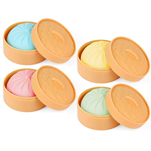 4 PCS Colorful Dumpling Stress Balls Fidget Sensory Toy,Squeeze Dough Ball Stress Relief Hand Toy,Bun with Food Steamer Stretchy Desk Toys