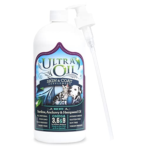 Ultra Oil Dog &amp; Cat Supplement with Hemp, Flaxseed &amp; Fish Oils - 32oz - For Dry Skin, Dull Coat, Hot Spots, Dandruff, Allergies